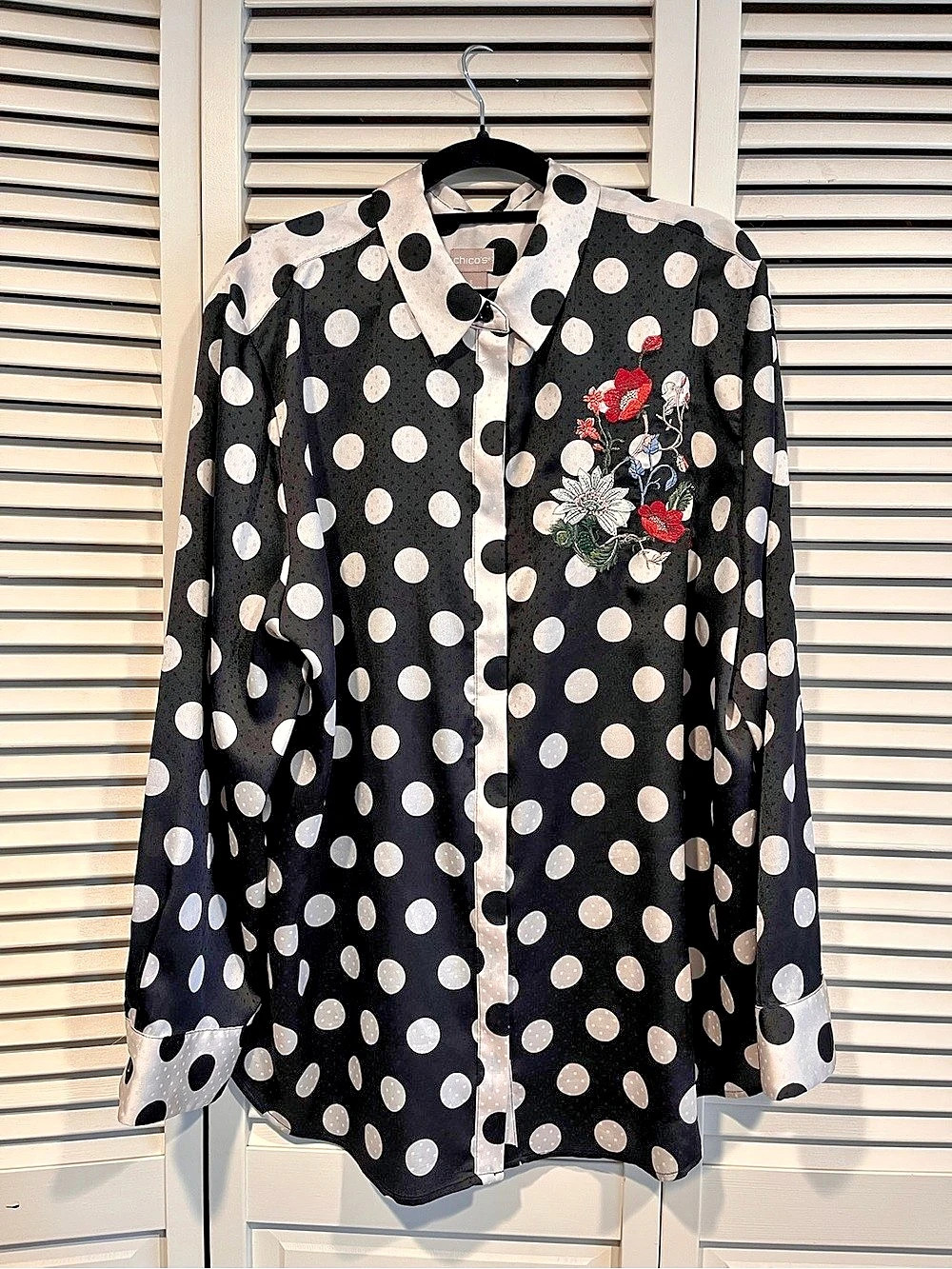Chico's Polka Dot Embroidered Blouse Black & White Small